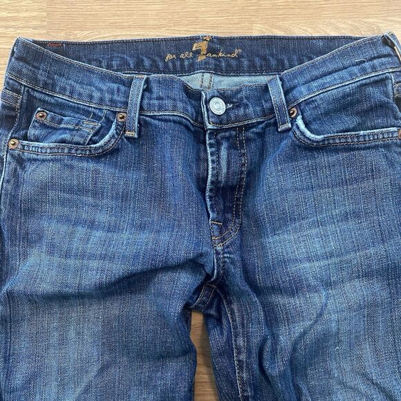 7 FOR ALL MAN KIND Boot cut Solid Dark Blue Wash Denim Jeans Size 28 Raw Hem - Picture 5 of 16